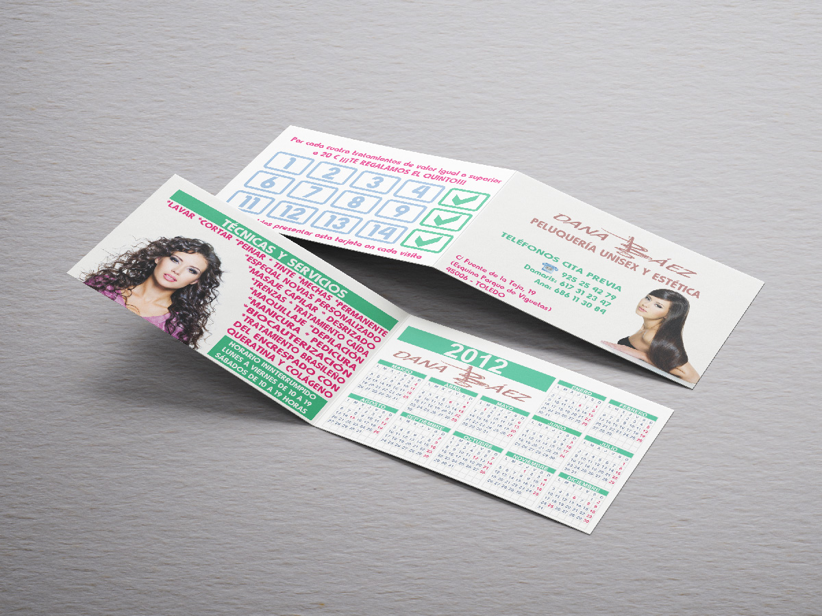 Diseño e impresión de tarjetas dobles para Peluquería Dana Baez - Diseño gráfico en Toledo