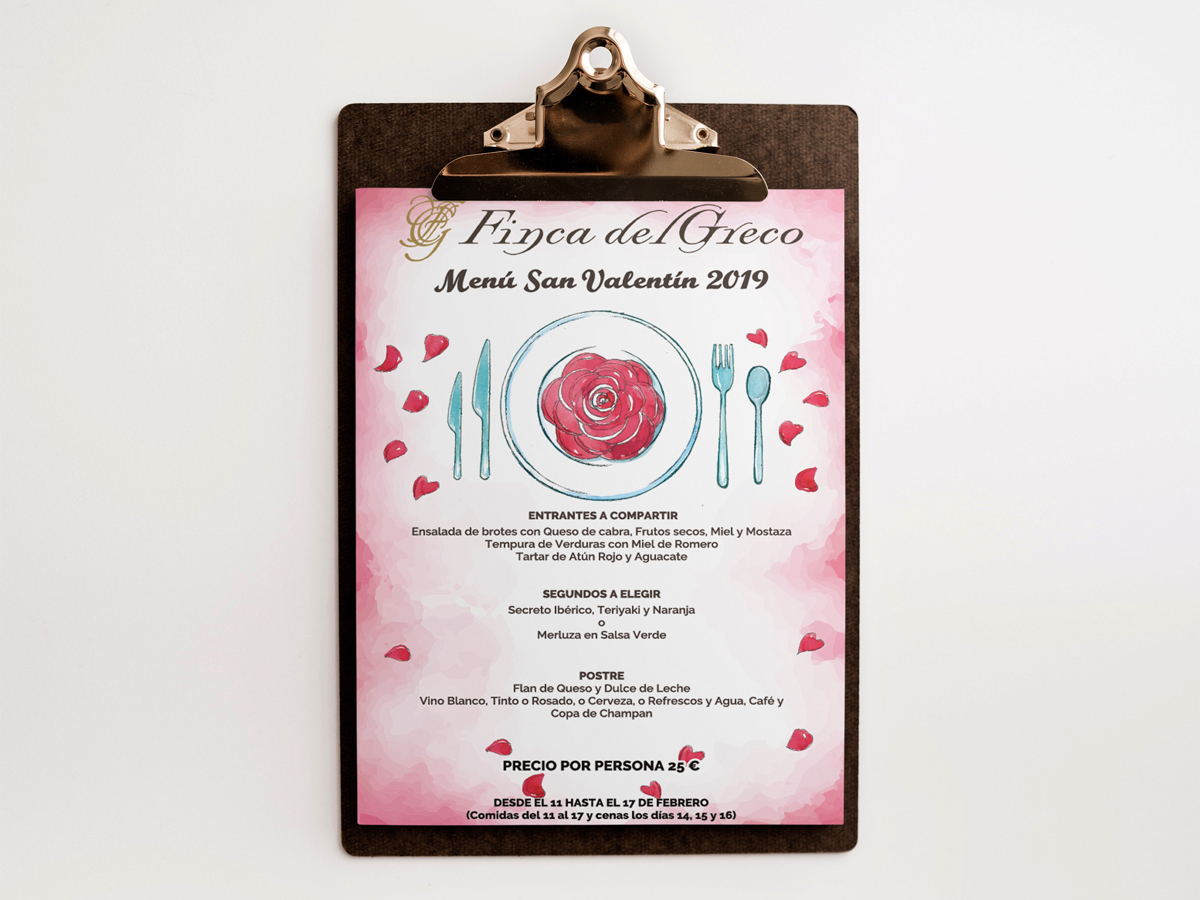 Diseño del menú de San Valentín 2019 para el Restaurante Finca del Greco - Diseño Gráfico en Toledo